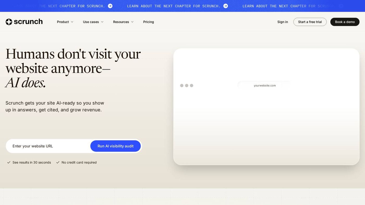 Scrunch AI homepage showing AI search optimization for enterprise teams